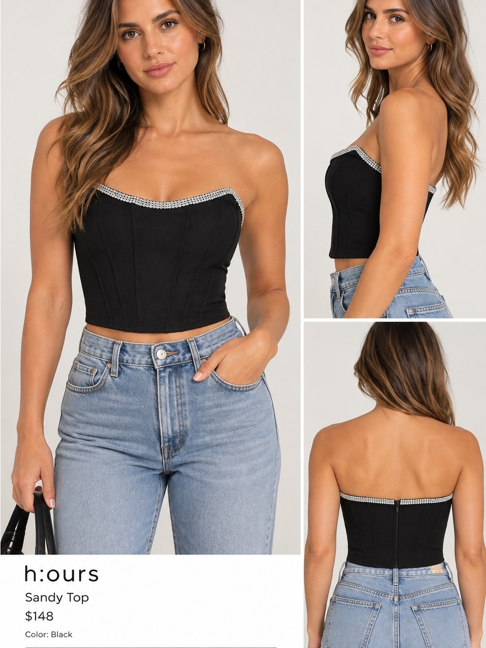 h:ours Black Strapless Corset Crop Top with Rhinestone Edge